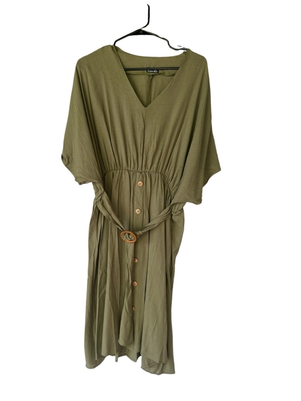 Button-Front Olive Green Maxi Dress with Self-Tie Waist 1XL